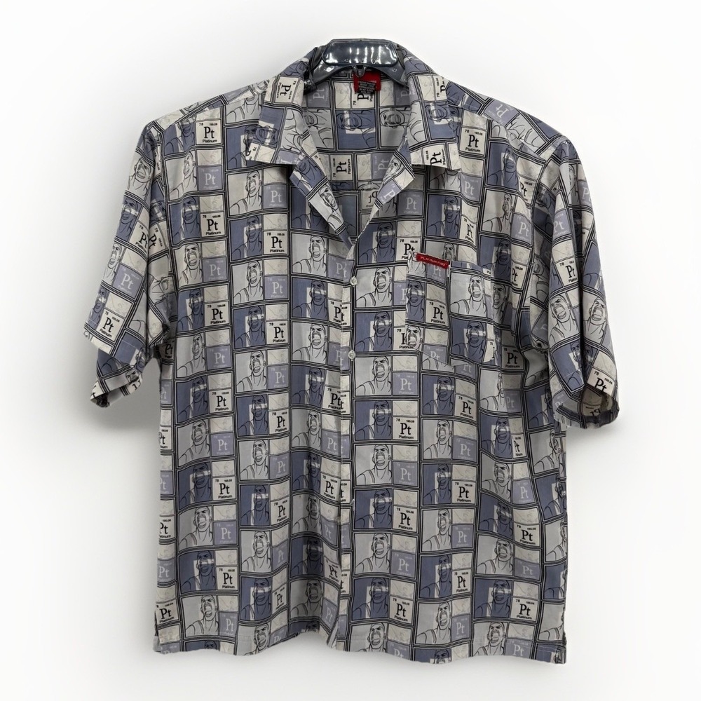Vintage Platinum FUBU Periodic Table Button Up Shirt Mens 3XL Gray Y2K Hip Hop